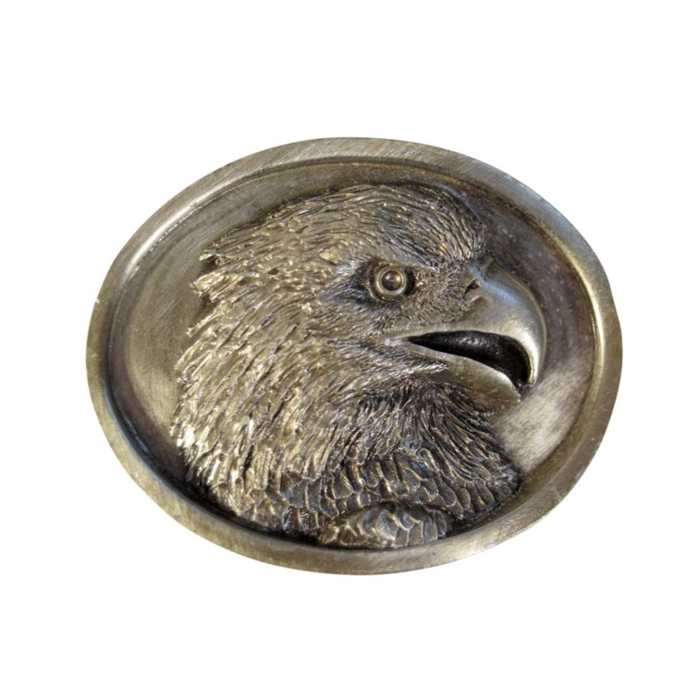 Vintage 1984 Bergamot Brass Works Eagle Head Oval Silver Tone Belt Buckle USA